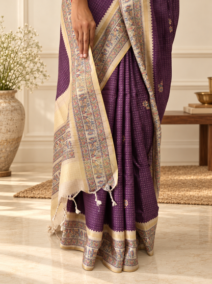 Madhubani Folk Art Mauve Purple Tussar Silk Saree