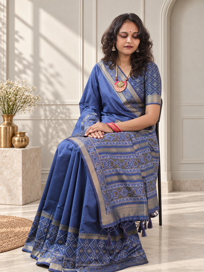 Slate Blue Silk Gala Patola Broad Border Saree