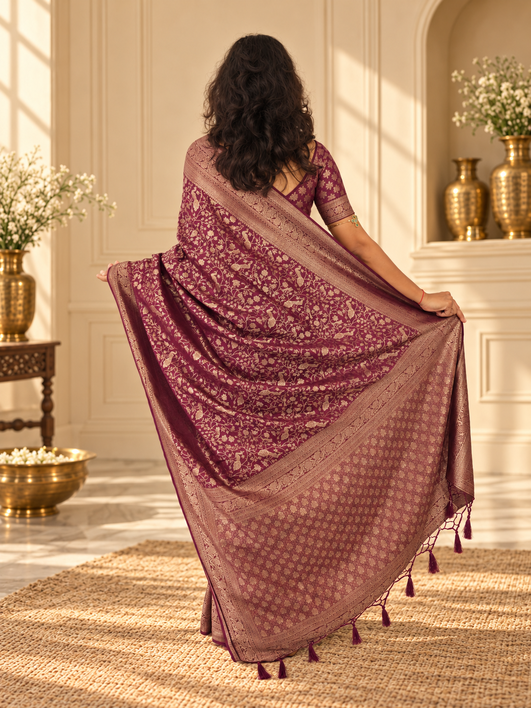wine banarasi silk saree with heavy floral weaving & rich woven border