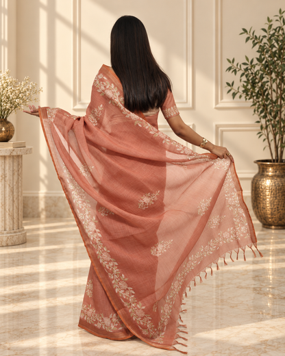 Muted Terracotta Linen Saree with Handcrafted Aari Floral Embroidery