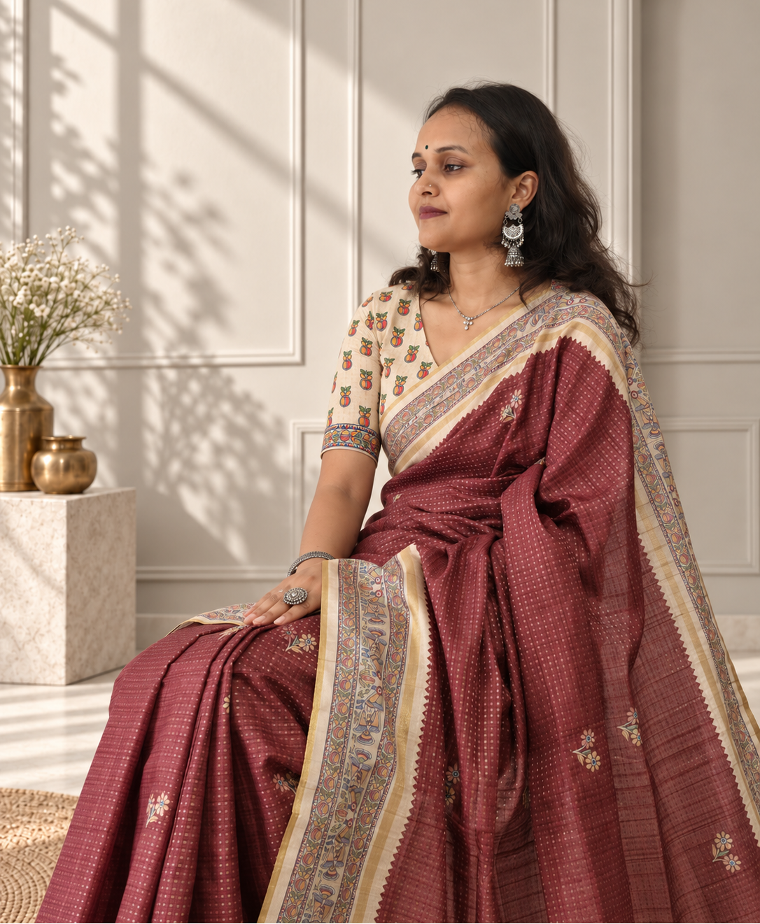 Madhubani Folk Art Muted Terracotta Tussar Silk Saree