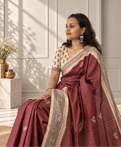 Madhubani Folk Art Muted Terracotta Tussar Silk Saree
