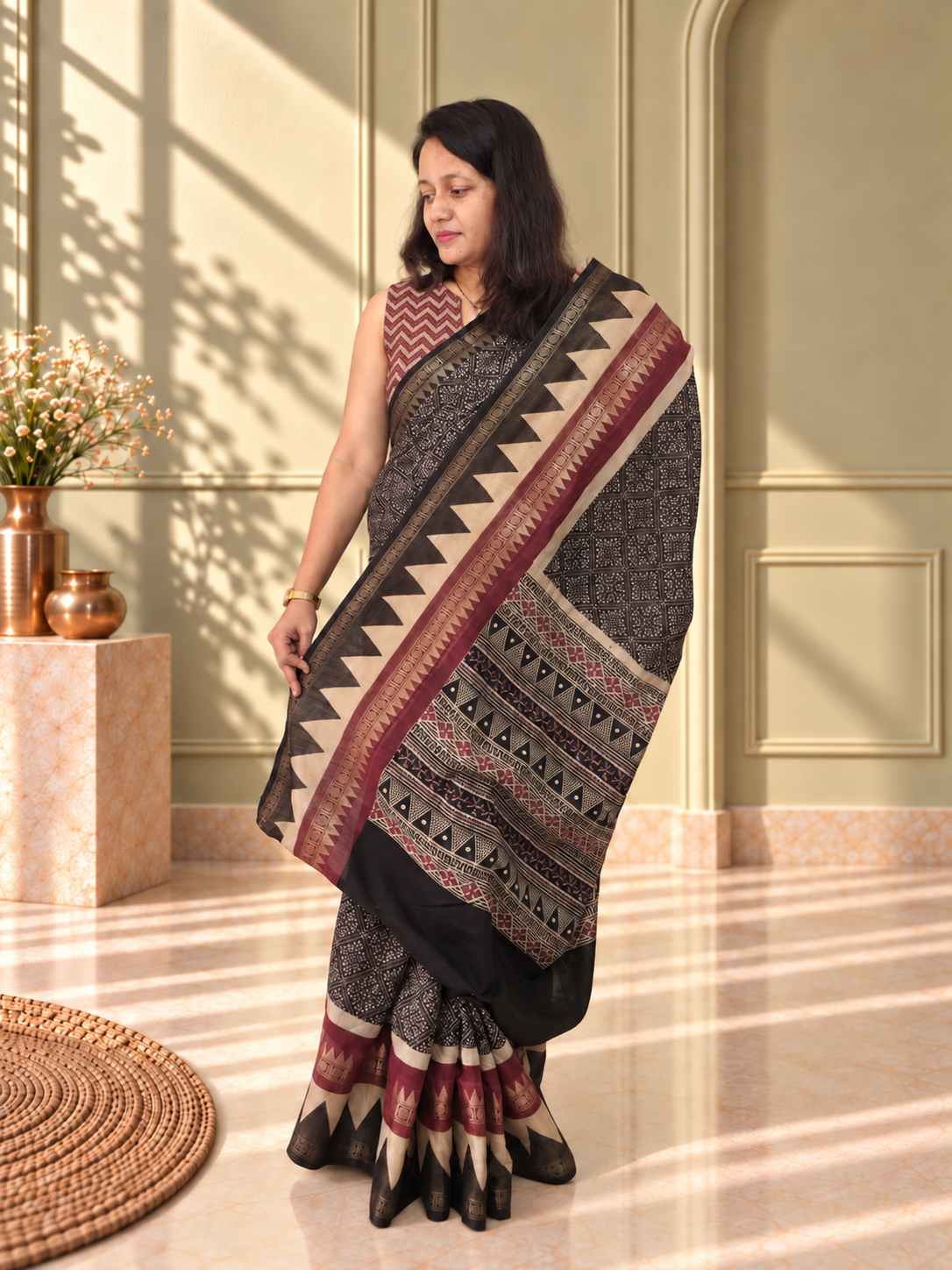 black soft cotton saree with zari border