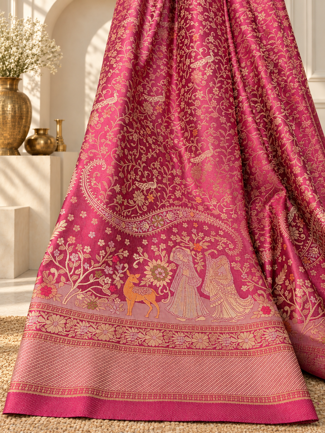 rose pink pure mashru silk handwoven banarasi saree with rich zari border