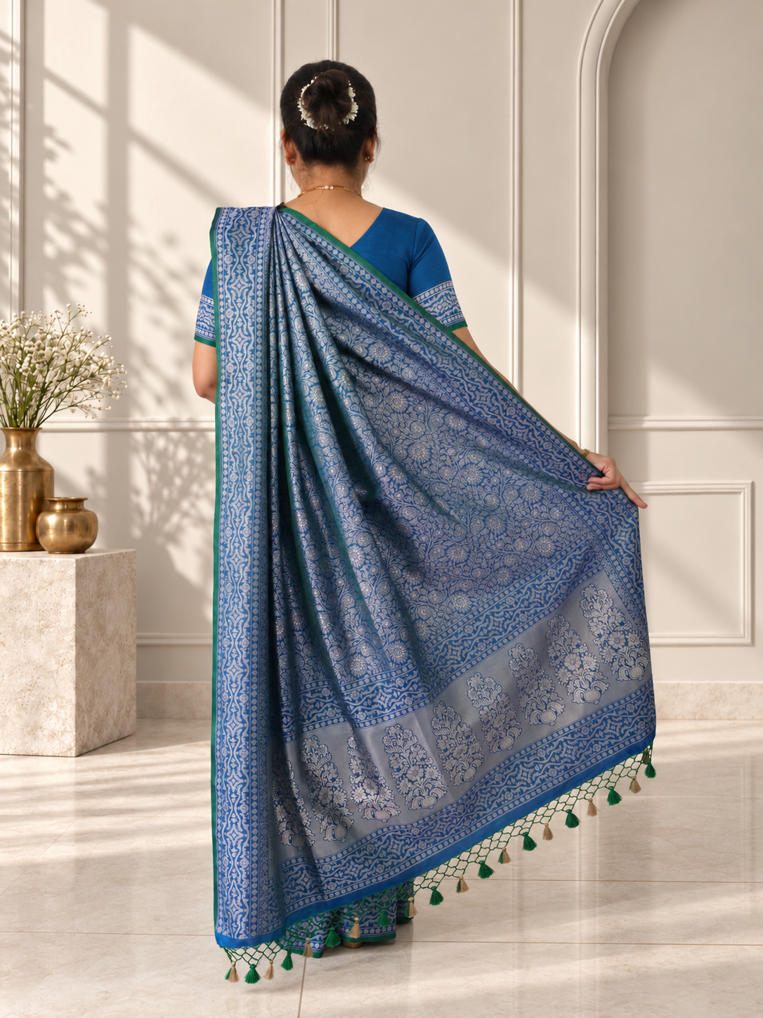 blue crepe jaal silk saree with matching floral border