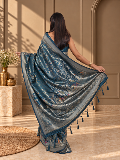 Teal Blue Pure Mashru Silk Handwoven Banarasi Saree with Rich Zari Border
