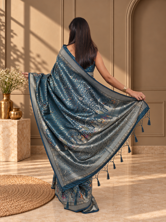 Teal Blue Pure Mashru Silk Handwoven Banarasi Saree with Rich Zari Border