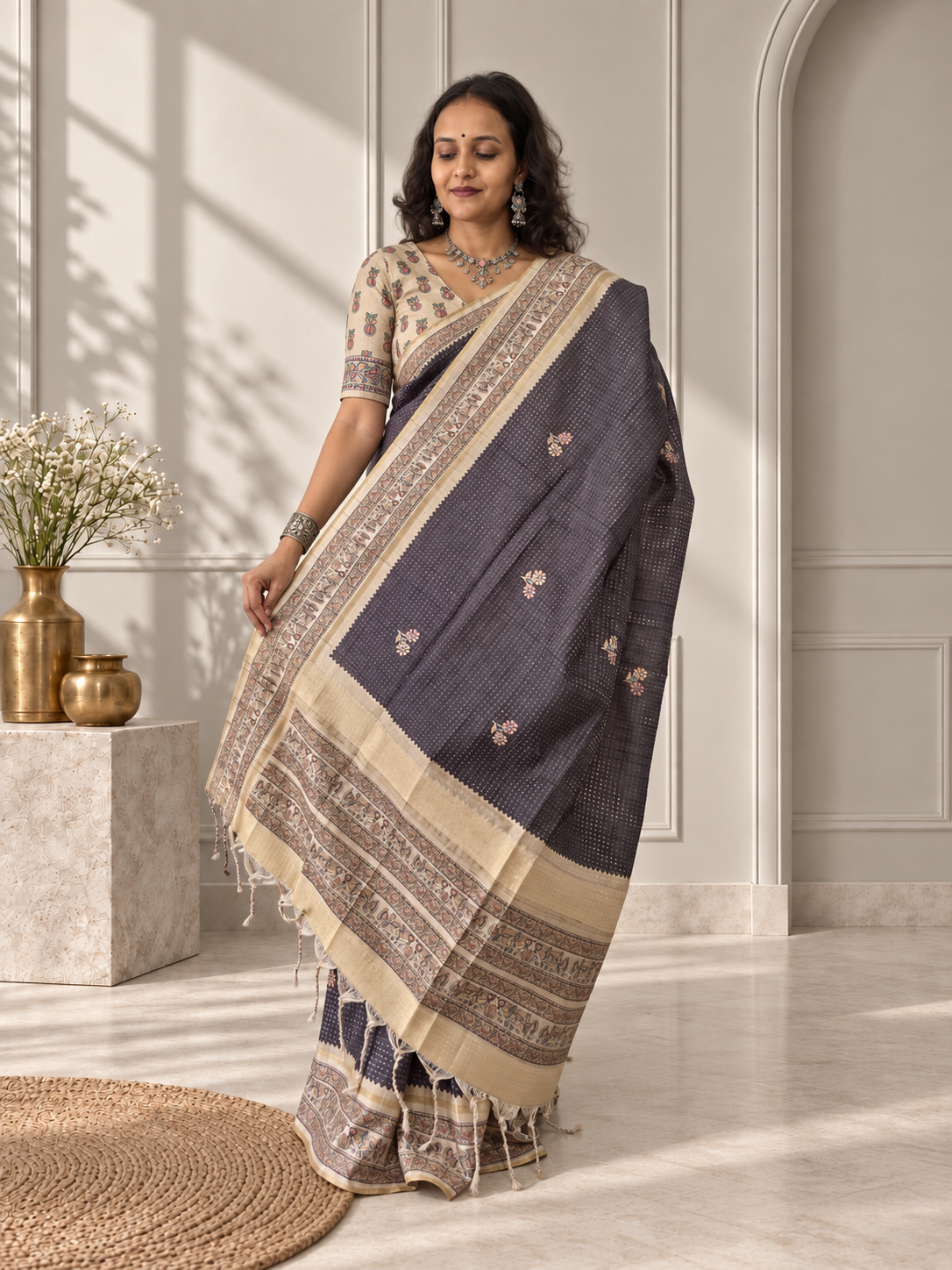 madhubani folk art charcoal grey tussar silk saree