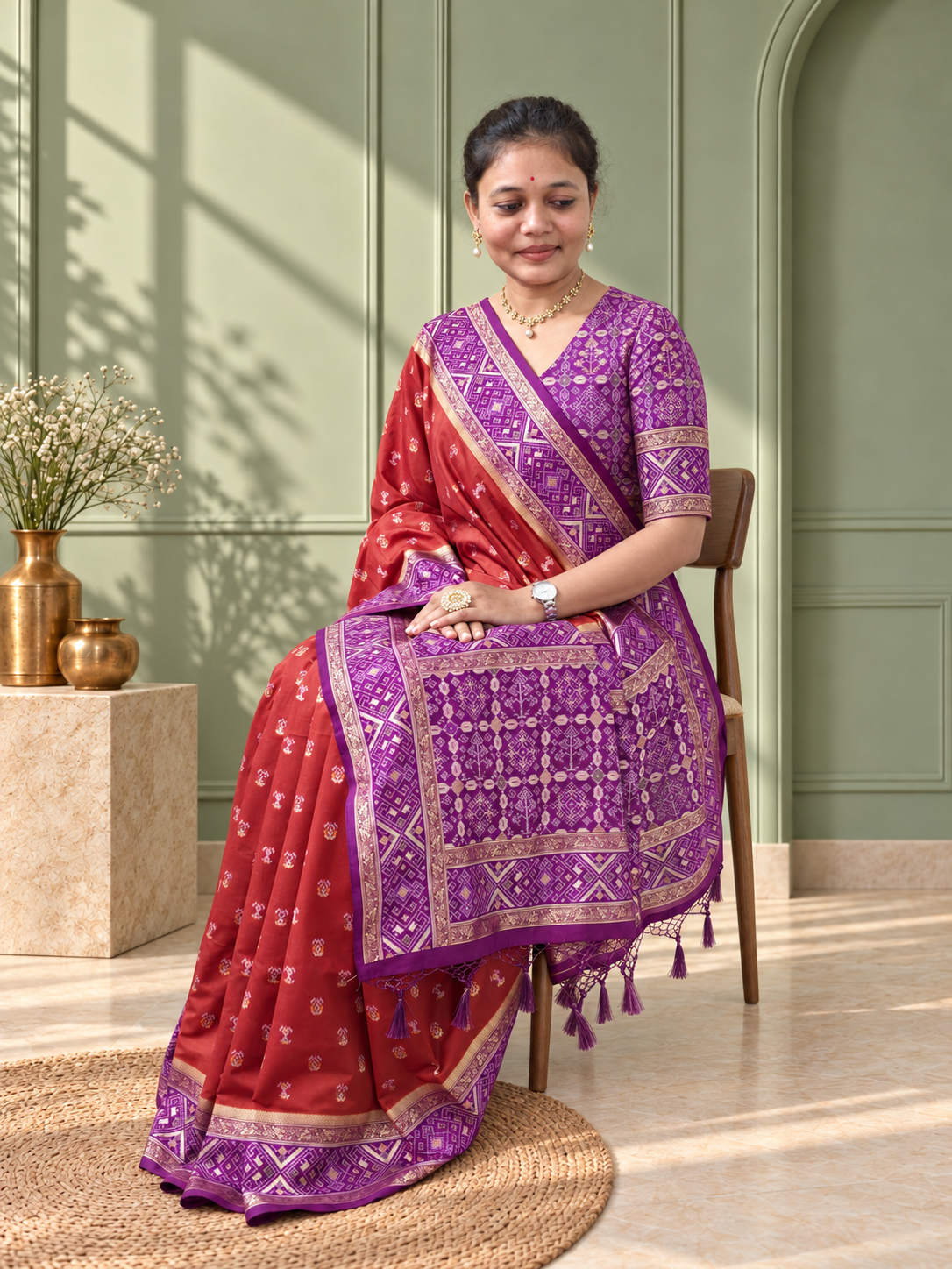 terracotta purple silk patola saree with geometric woven border