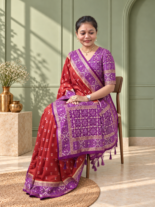 Terracotta Purple Silk Patola Saree with Geometric Woven Border