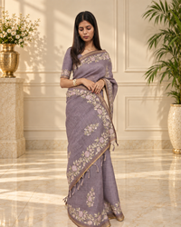 Dusty Lavender Linen Saree with Handcrafted Aari Floral Embroidery