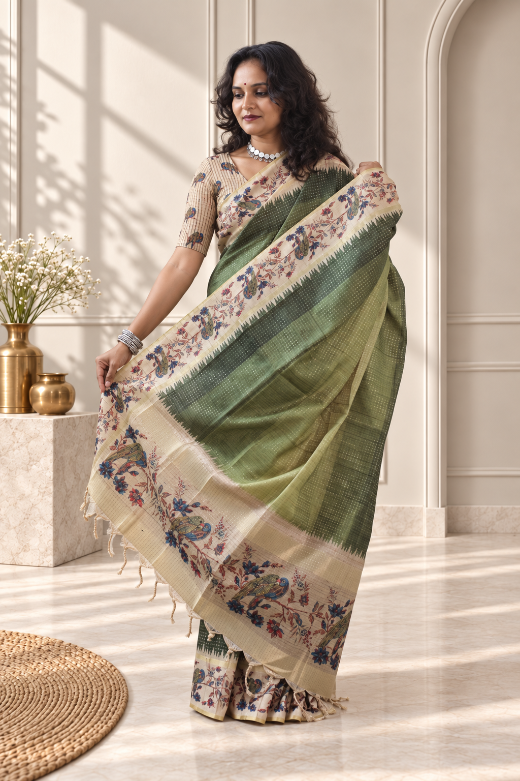 Olive Green Tussar Silk Katha Print Saree with Parrot Pallu