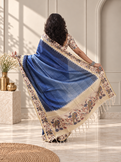 Navy Blue Tussar Silk Katha Print Saree with Parrot Pallu