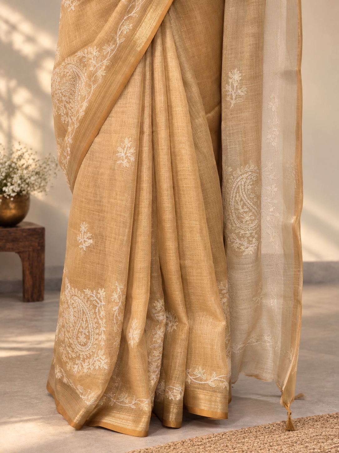 Golden Tissue Linen Saree with Handcrafted Aari Patchwork & Zari Detailing