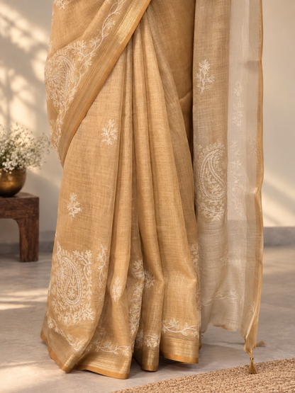 Golden Tissue Linen Saree with Handcrafted Aari Patchwork & Zari Detailing