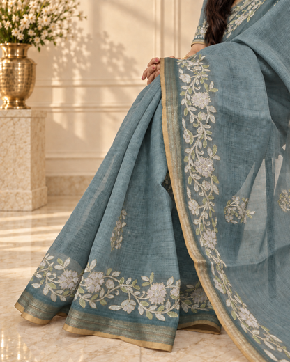 Dusty Teal Blue Linen Saree with Handcrafted Aari Floral Embroidery