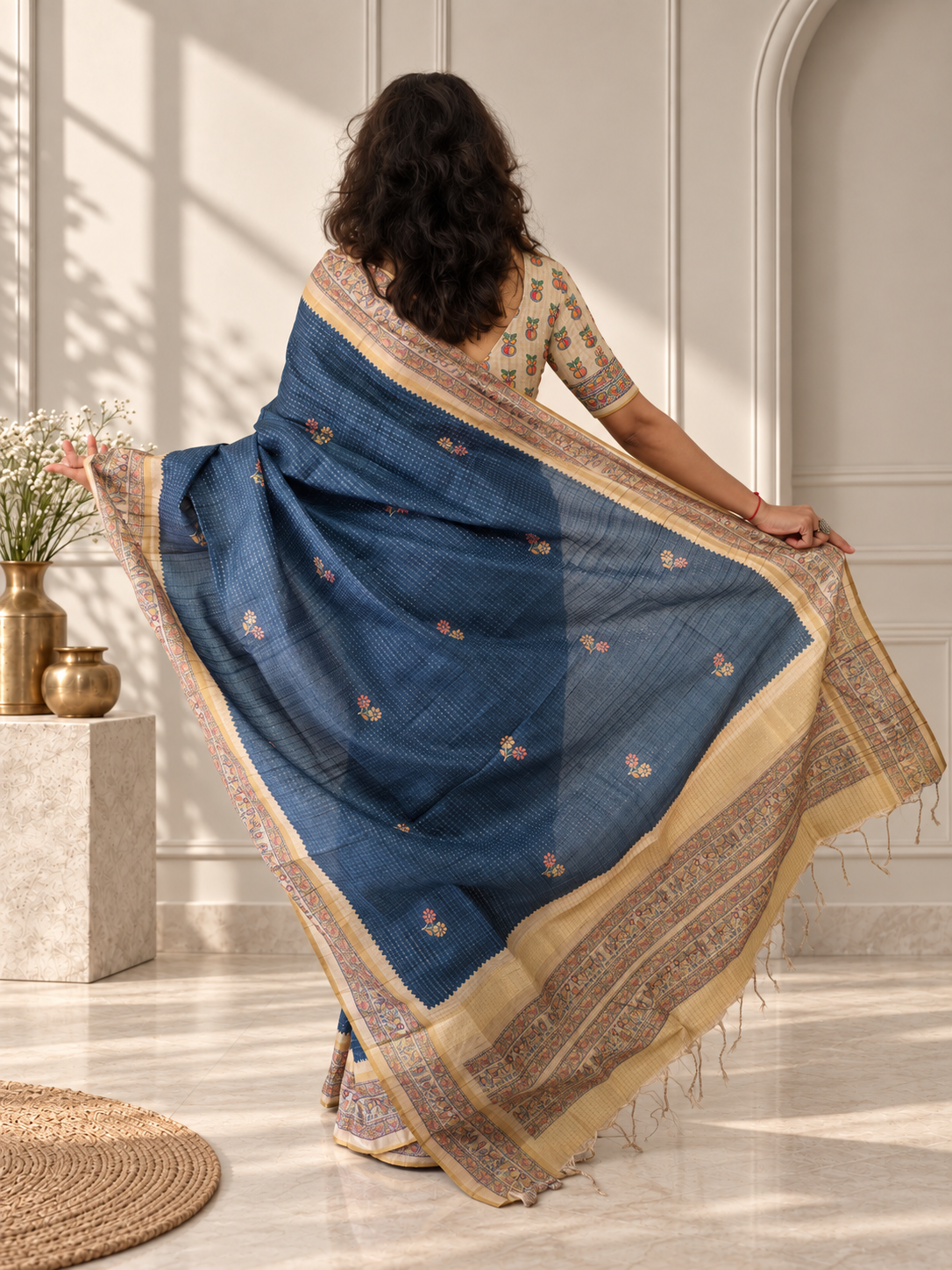 madhubani folk art dusty slate blue tussar silk saree