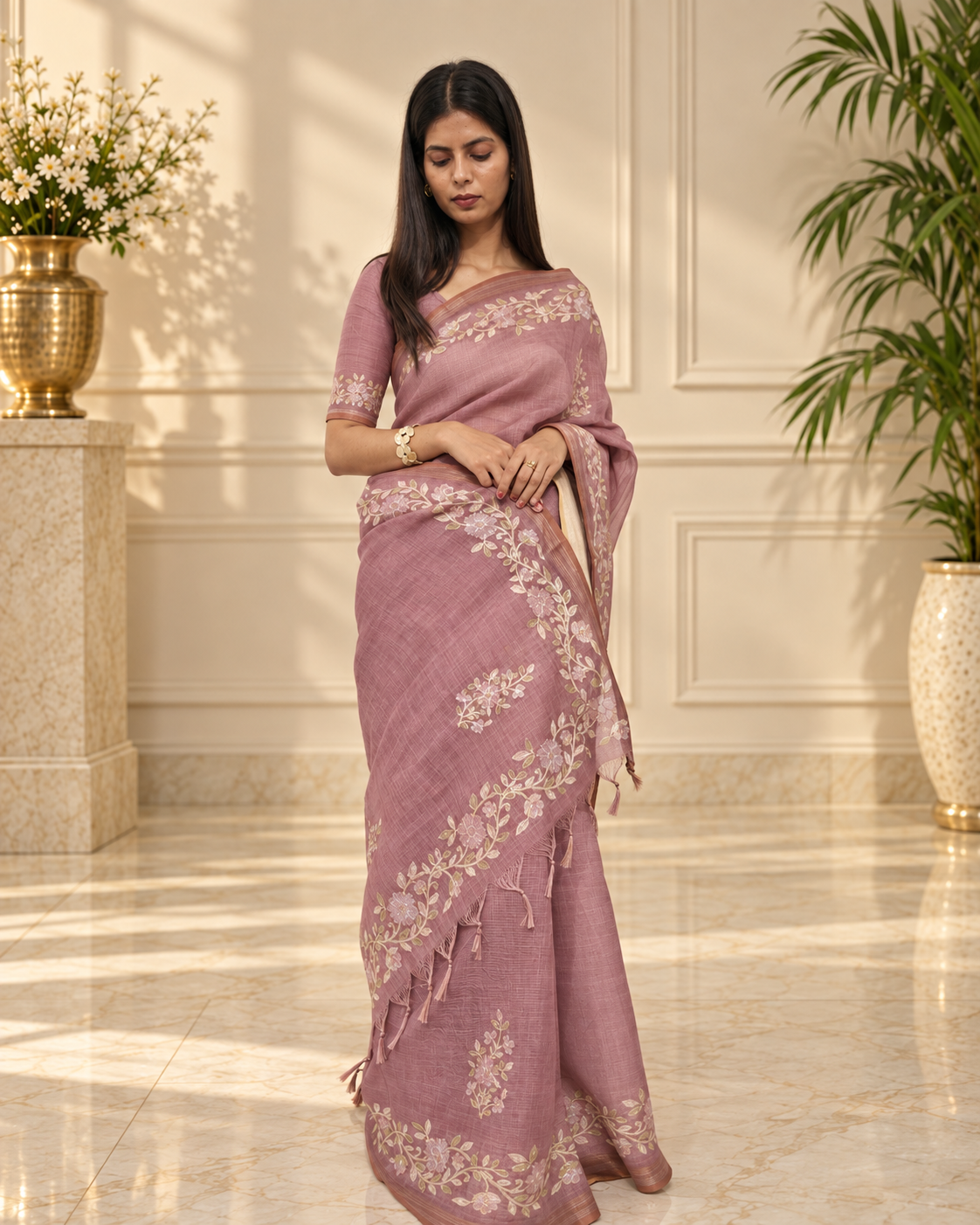 Dusty Mauve Linen Saree with Handcrafted Aari Floral Embroidery