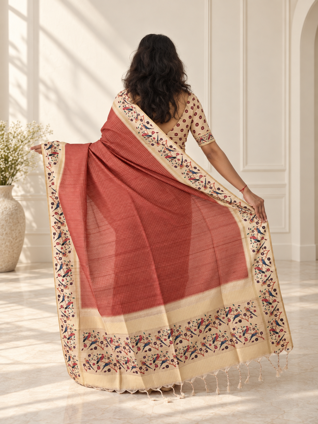 Bird & Floral Print Muted Terracotta Tussar Silk Saree