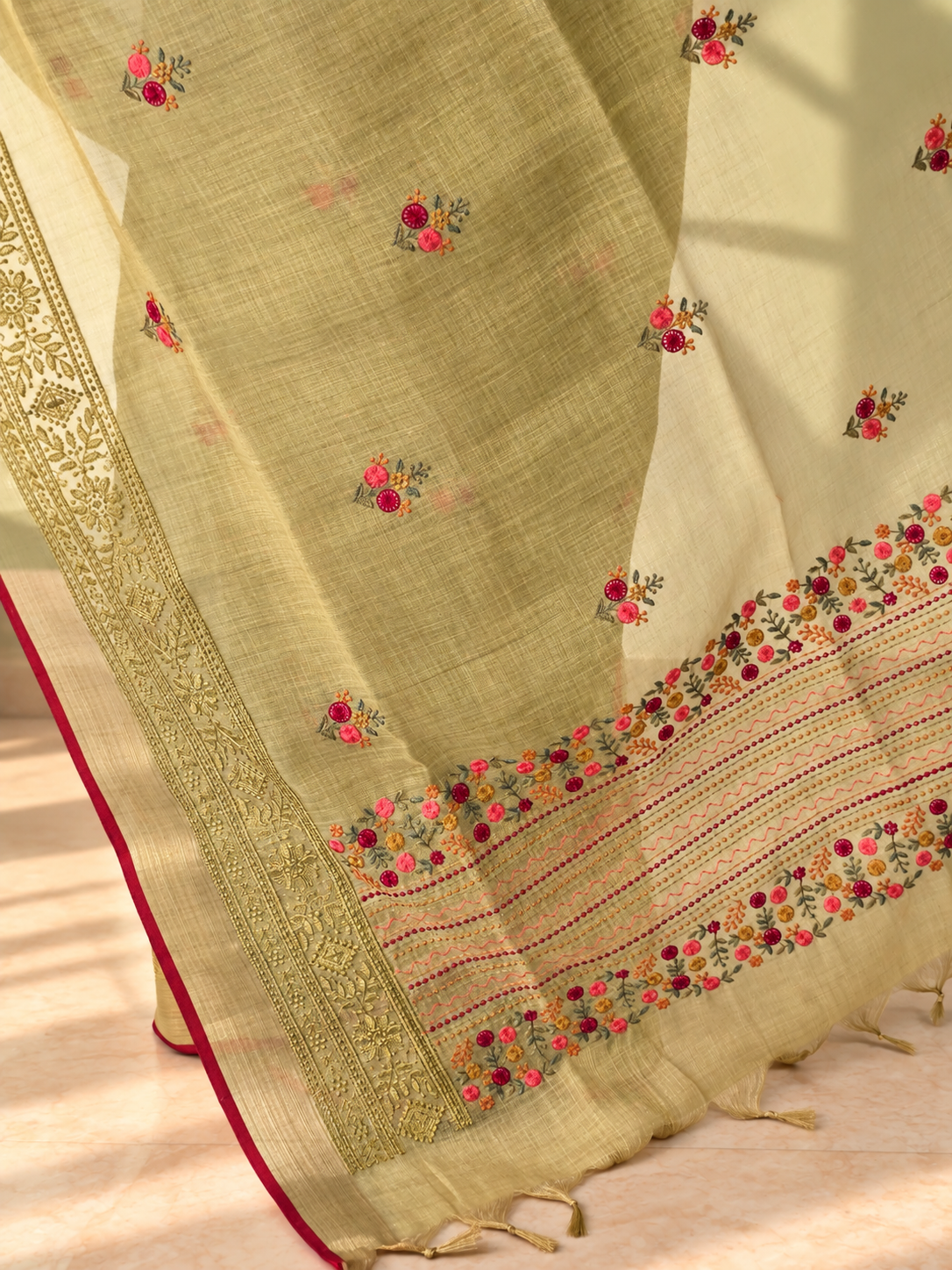 dark mustard linen saree with hand embroidered kantha work