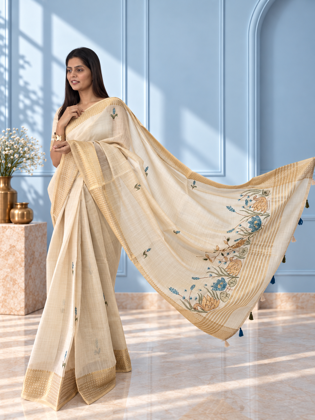 Ivory Linen Saree with Hand Embroidered Peacock Blue Florals