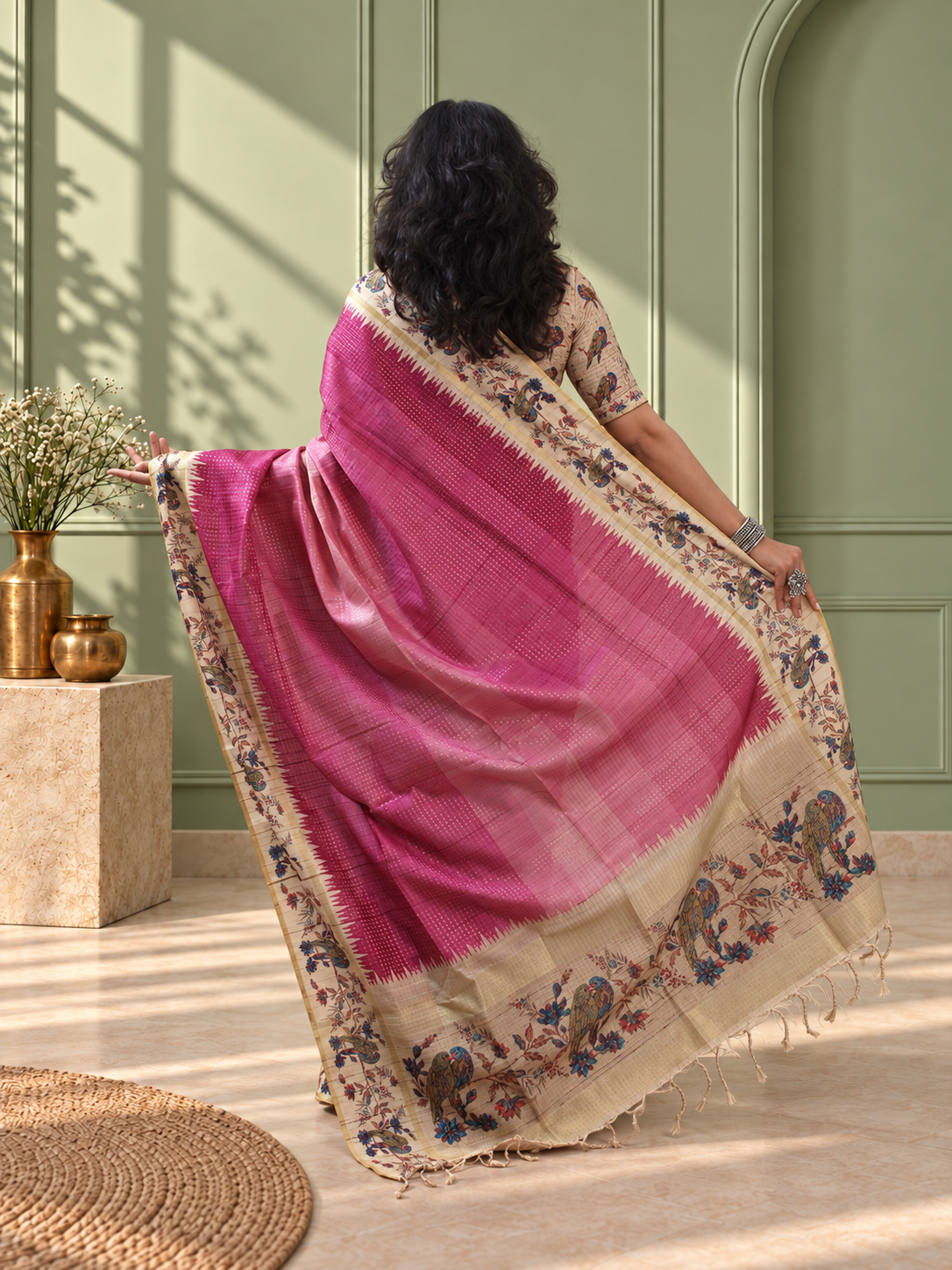 pink tussar silk katha print saree with parrot pallu