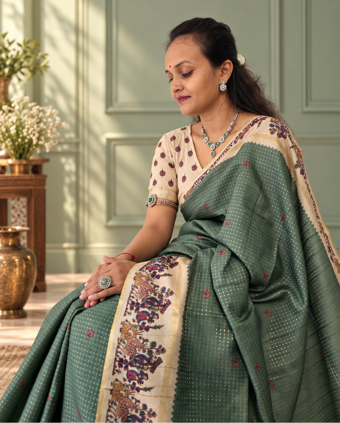 heritage folk art tussar silk saree – sage green