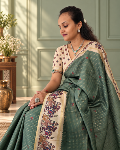 Heritage Folk Art Tussar Silk Saree – Sage Green