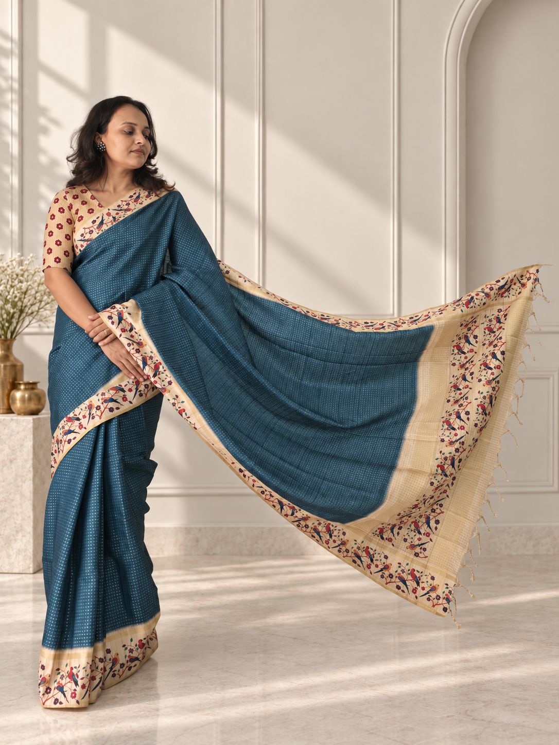bird & floral print deep teal blue tussar silk saree