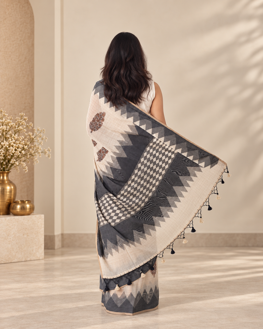Ivory Pure Chanderi Cotton Handloom Saree with Dhakai Block Print