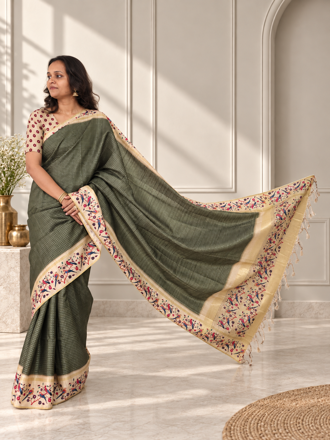 Bird & Floral Print Deep Olive Green Tussar Silk Saree