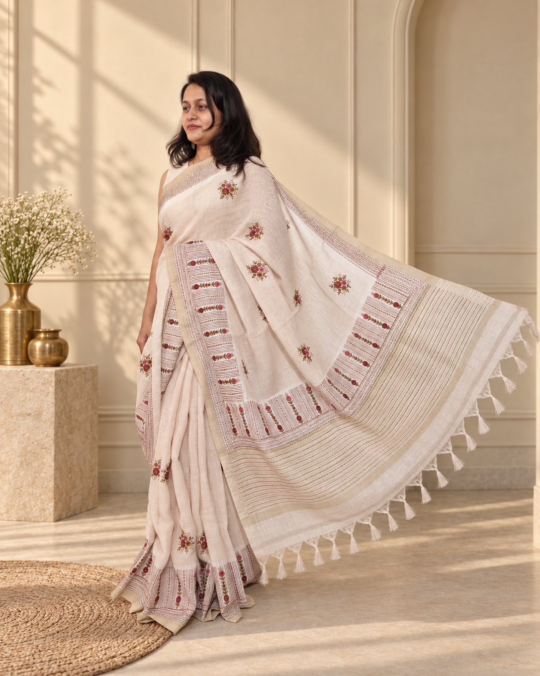 linen silk handloom saree with multicolour katha stitch hand embroidery