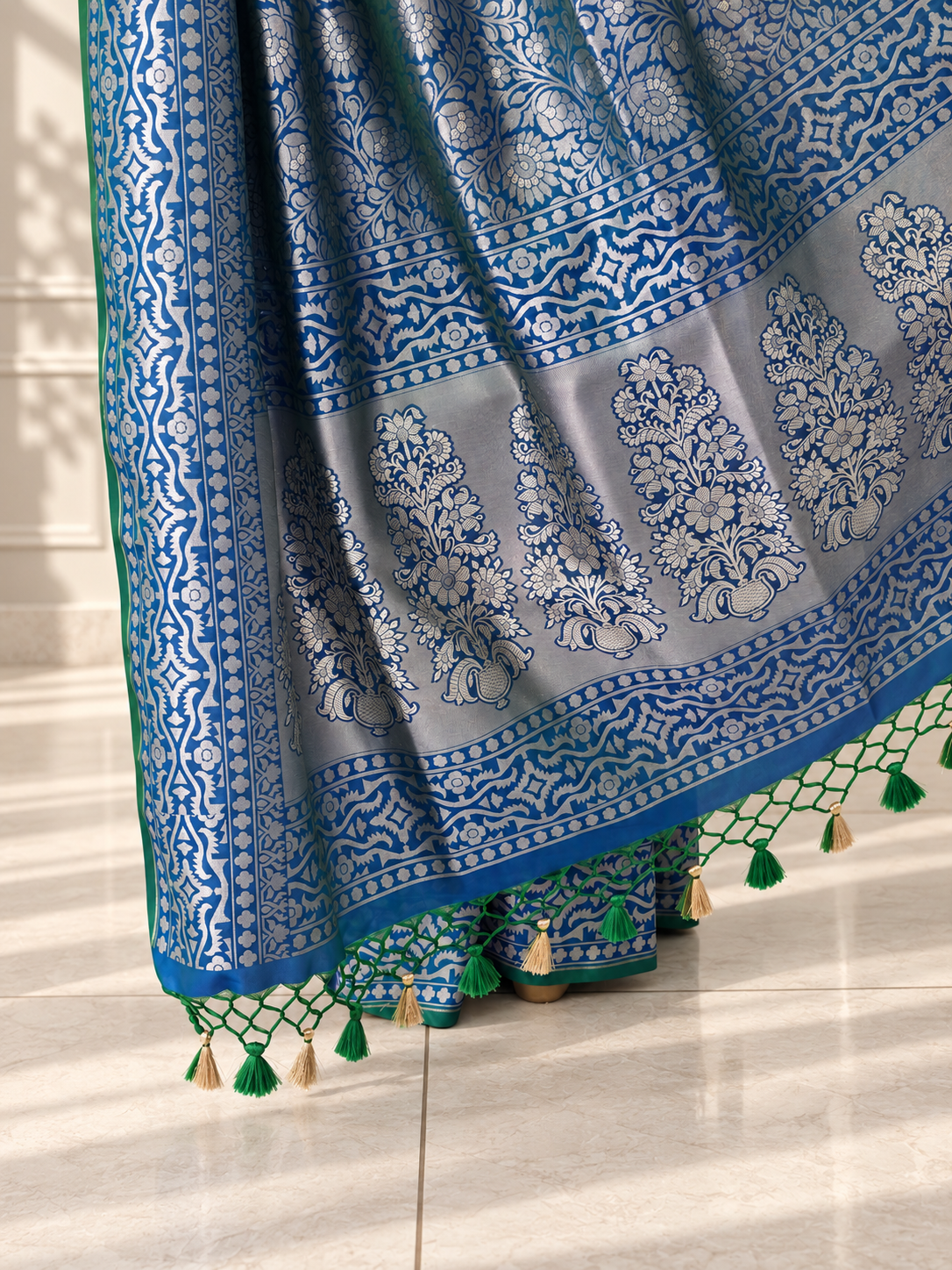 Blue Crepe Jaal Silk Saree with Matching Floral Border