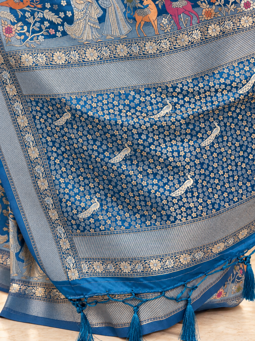 Royal Blue Pure Mashru Silk Handwoven Banarasi Saree with Rich Zari Border