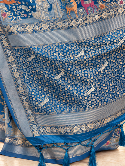 Royal Blue Pure Mashru Silk Handwoven Banarasi Saree with Rich Zari Border