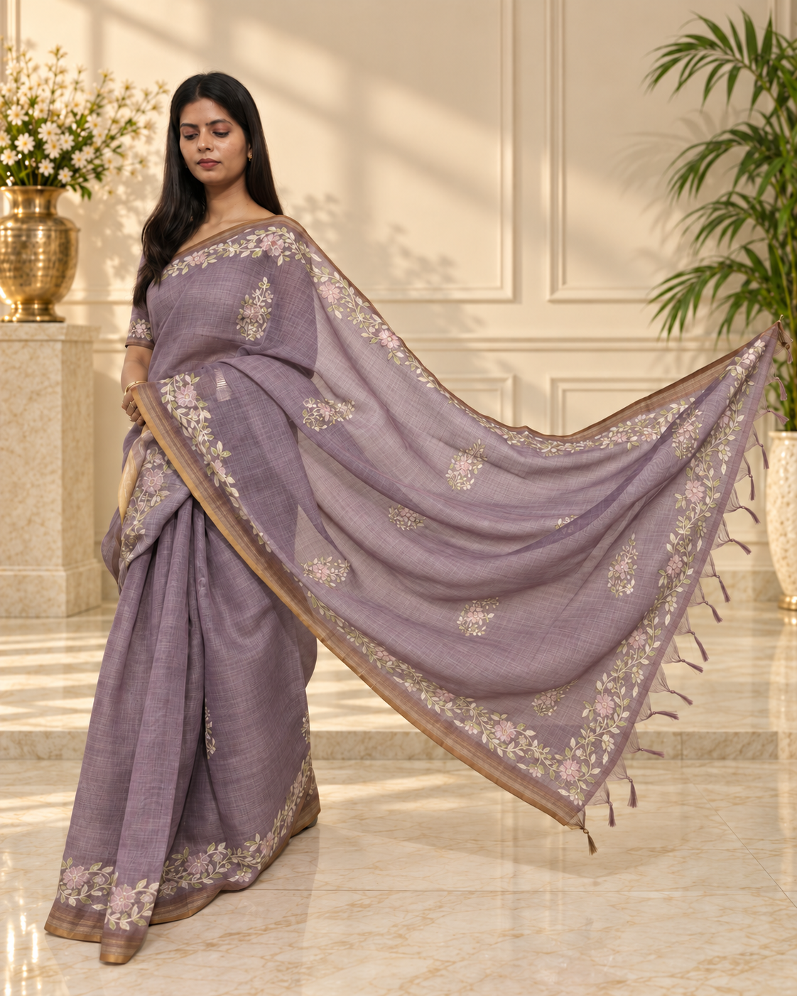 Dusty Lavender Linen Saree with Handcrafted Aari Floral Embroidery