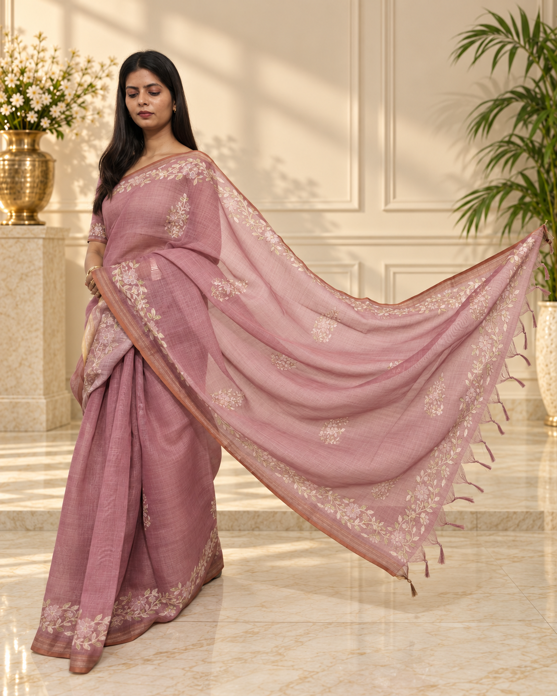 dusty mauve linen saree with handcrafted aari floral embroidery