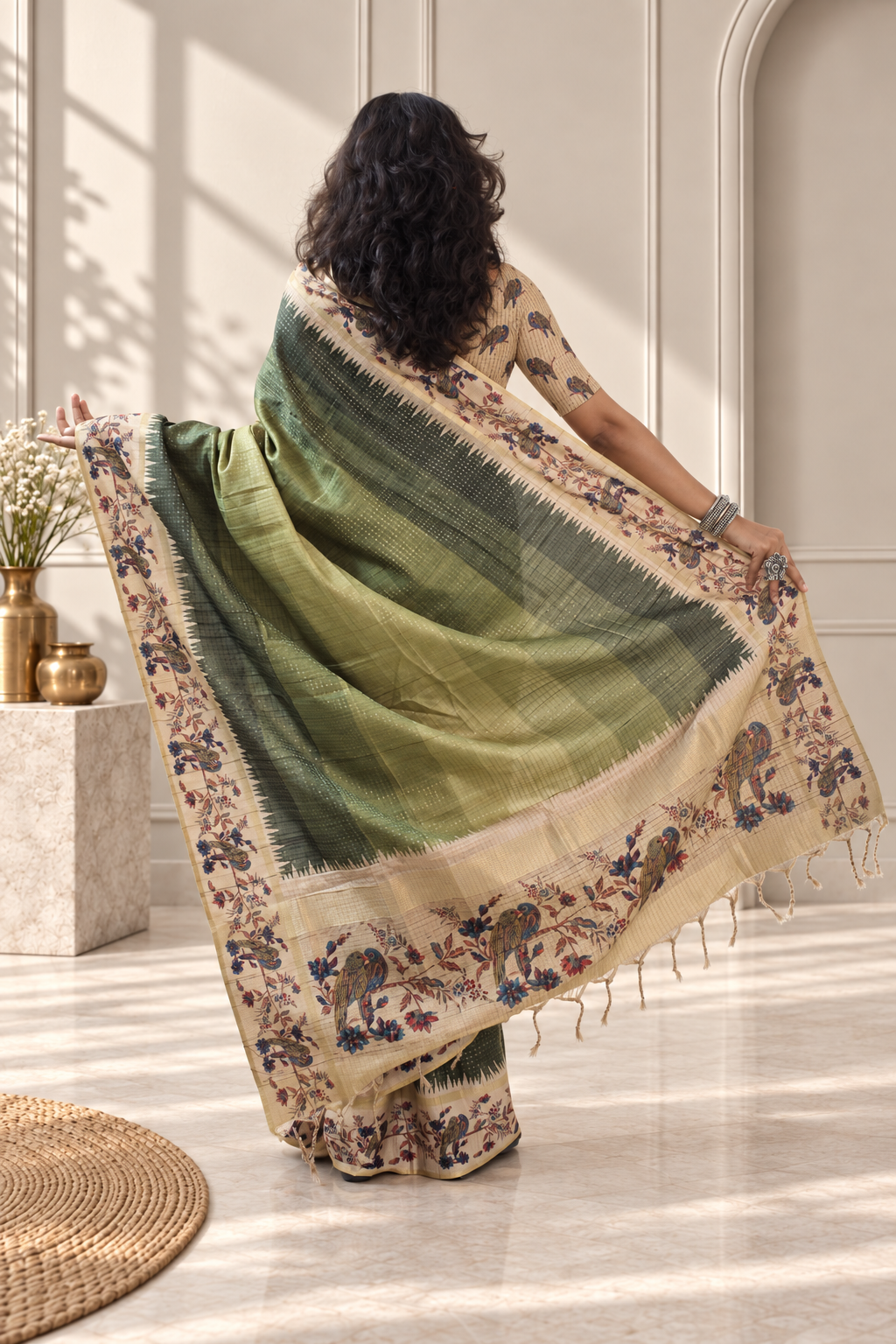 olive green tussar silk katha print saree with parrot pallu