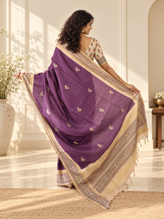 Madhubani Folk Art Mauve Purple Tussar Silk Saree
