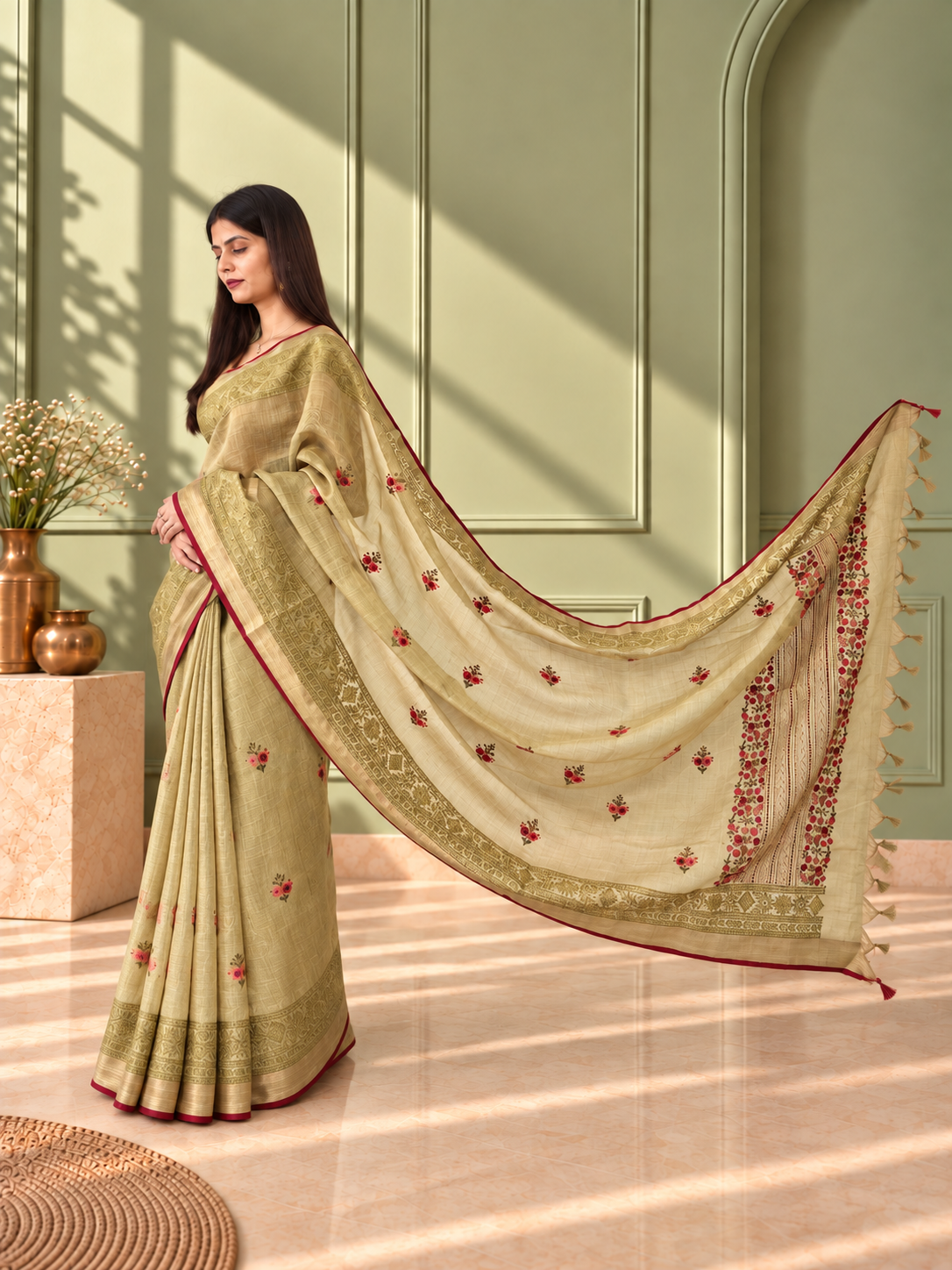 Dark Mustard Linen Saree with Hand Embroidered Kantha Work