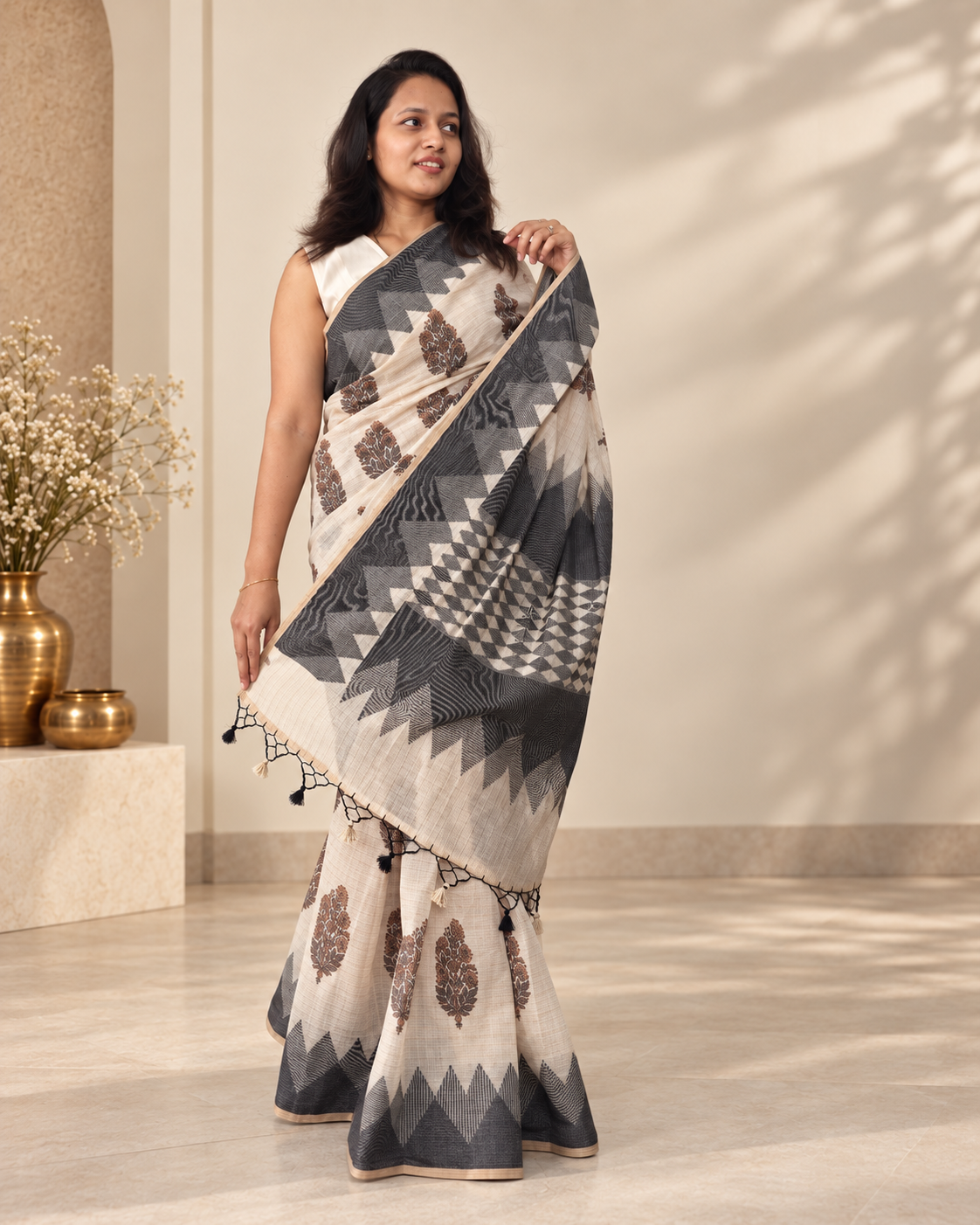 Ivory Pure Chanderi Cotton Handloom Saree with Dhakai Block Print