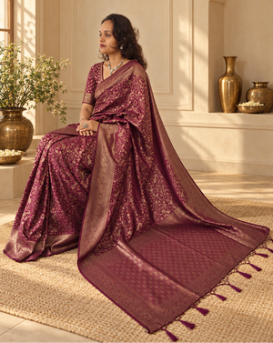 Wine Banarasi Silk Saree with Heavy Floral Weaving & Rich Woven Border