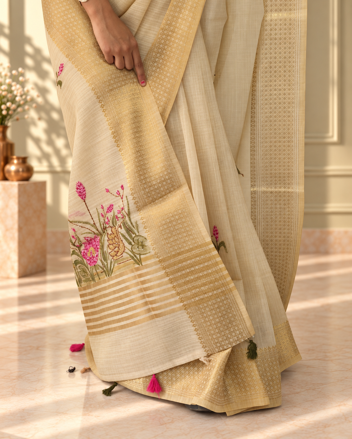 ivory linen saree with hand embroidered pink florals
