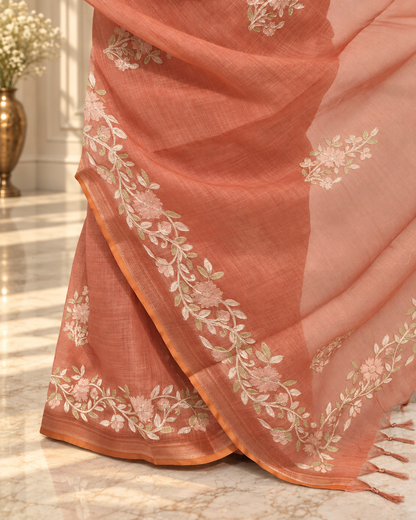 Muted Terracotta Linen Saree with Handcrafted Aari Floral Embroidery