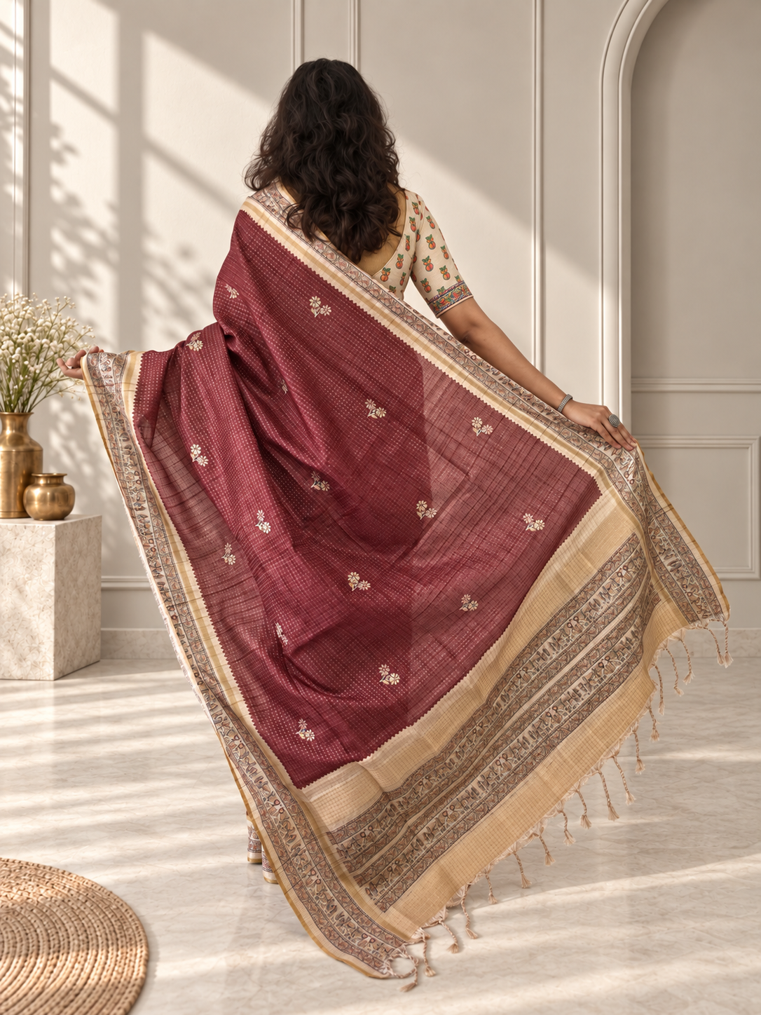 madhubani folk art muted terracotta tussar silk saree
