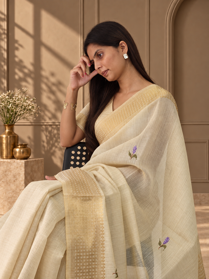 Ivory Linen Saree with Hand Embroidered Purple Florals