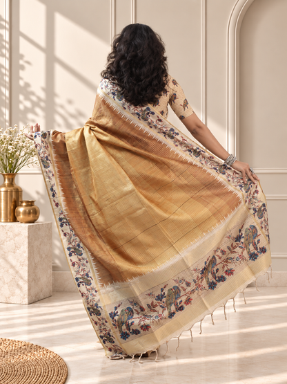 Copper Brown Tussar Silk Katha Print Saree with Parrot Pallu