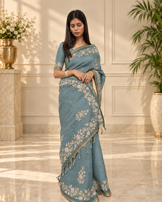 Dusty Teal Blue Linen Saree with Handcrafted Aari Floral Embroidery