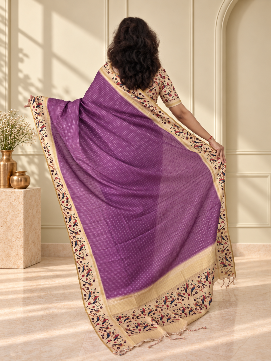 Bird & Floral Print Muted Plum Purple Tussar Silk Saree