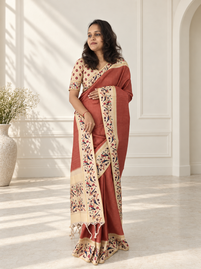 Bird & Floral Print Muted Terracotta Tussar Silk Saree